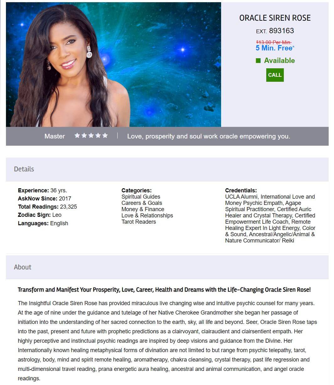 AskNow psychic reader profile page